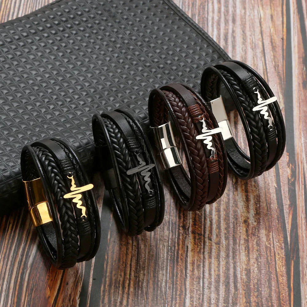 New Arrived Men's Stainless Steel Leather Bracelet Trendy Electrocardiogram Charm Leather Bracelet Magnetic Clasp Jewelry
