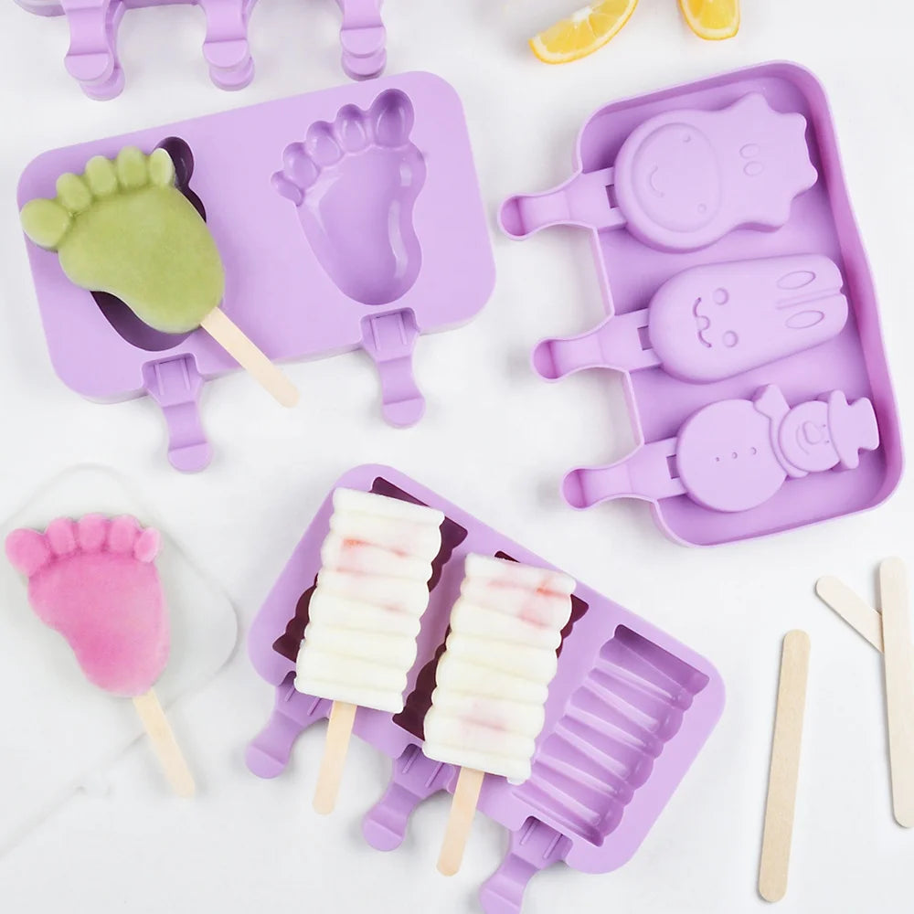 SILIKOLOVE Cartoon Silicone Ice Cream Mold Multi Shape Ice Popsicle Maker Tools With Cover and Sticks
