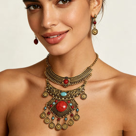 Vintage Style Coin Tassel Women Jewelry Sets Vintage Acrylic Bohemian Ethnic Necklace Earring Sets