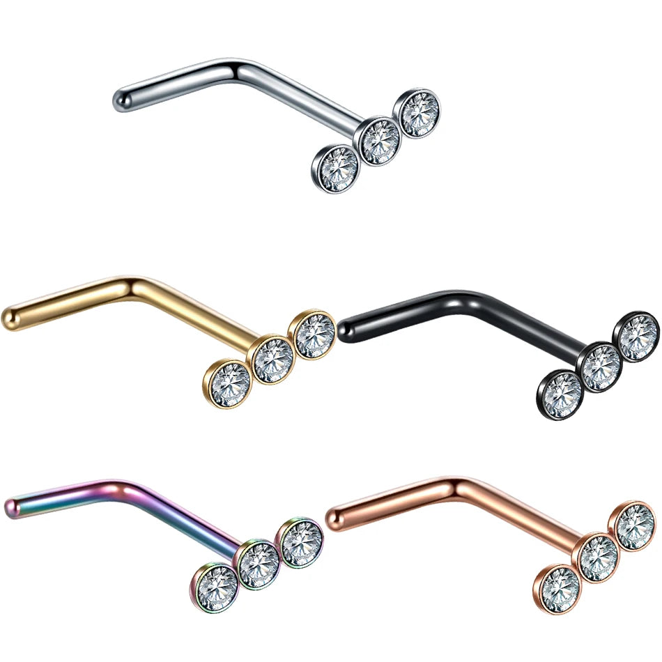 20G Stainless Steel L Shape Nose Stud Rings Crystal Gem Nostril Earring Piercings CZ Nose Screw Body Jewelry Women Gift