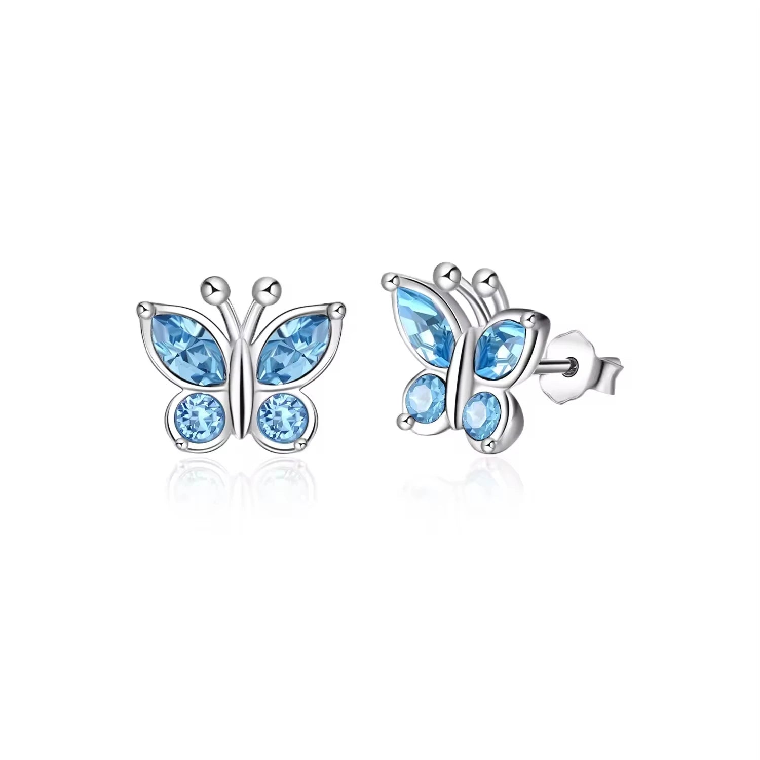 Fine Jewelry 925 Sterling Sliver Rhodium Plated Blue Crystal Butterfly Stud Earrings