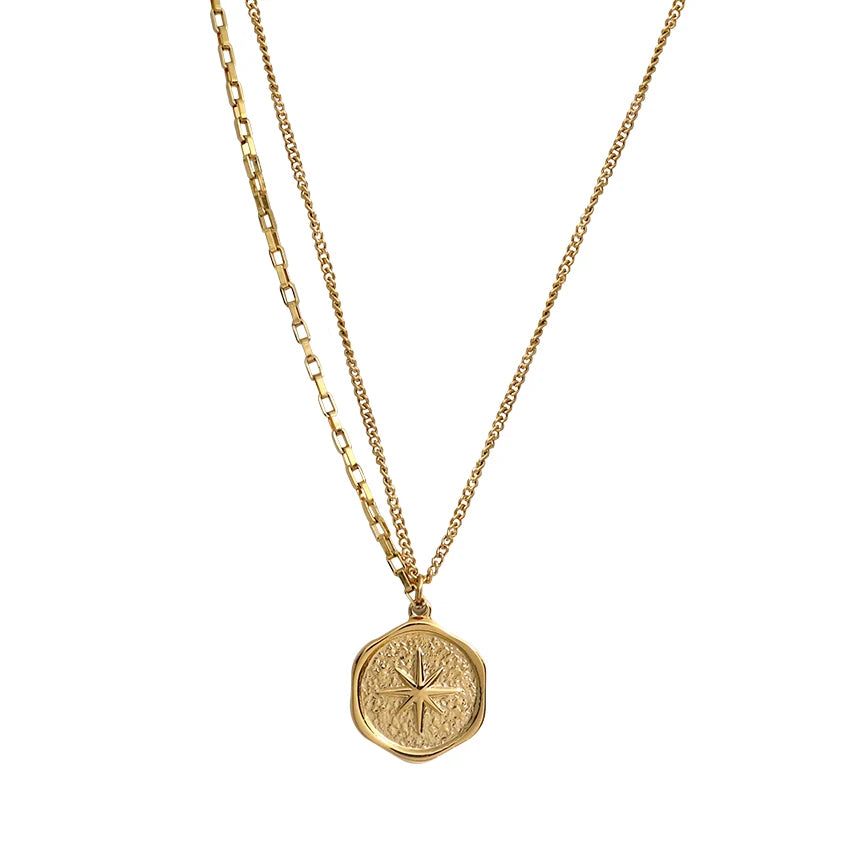 New Trendy Hexagon Charm Necklace Couple Jewelry Stainless Steel 18k Gold Plated Waterproof North Star Pendant Necklace