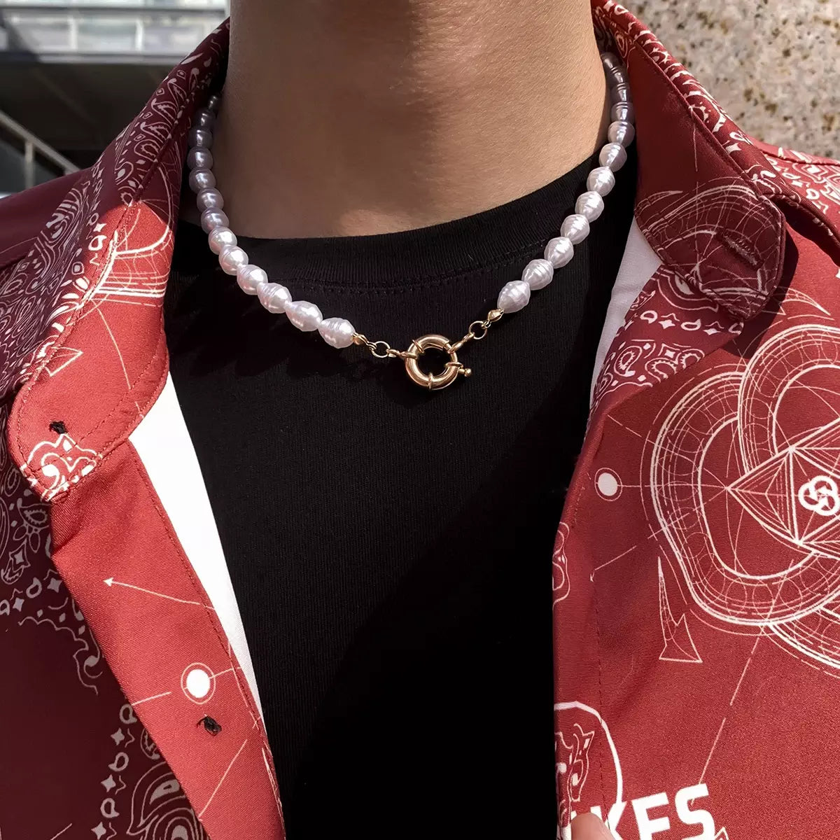 SHIXIN Hip Hop Baroque Pearl Necklace Minimalist Beaded Choker Necklace Trendy Men Necklace Jewelry