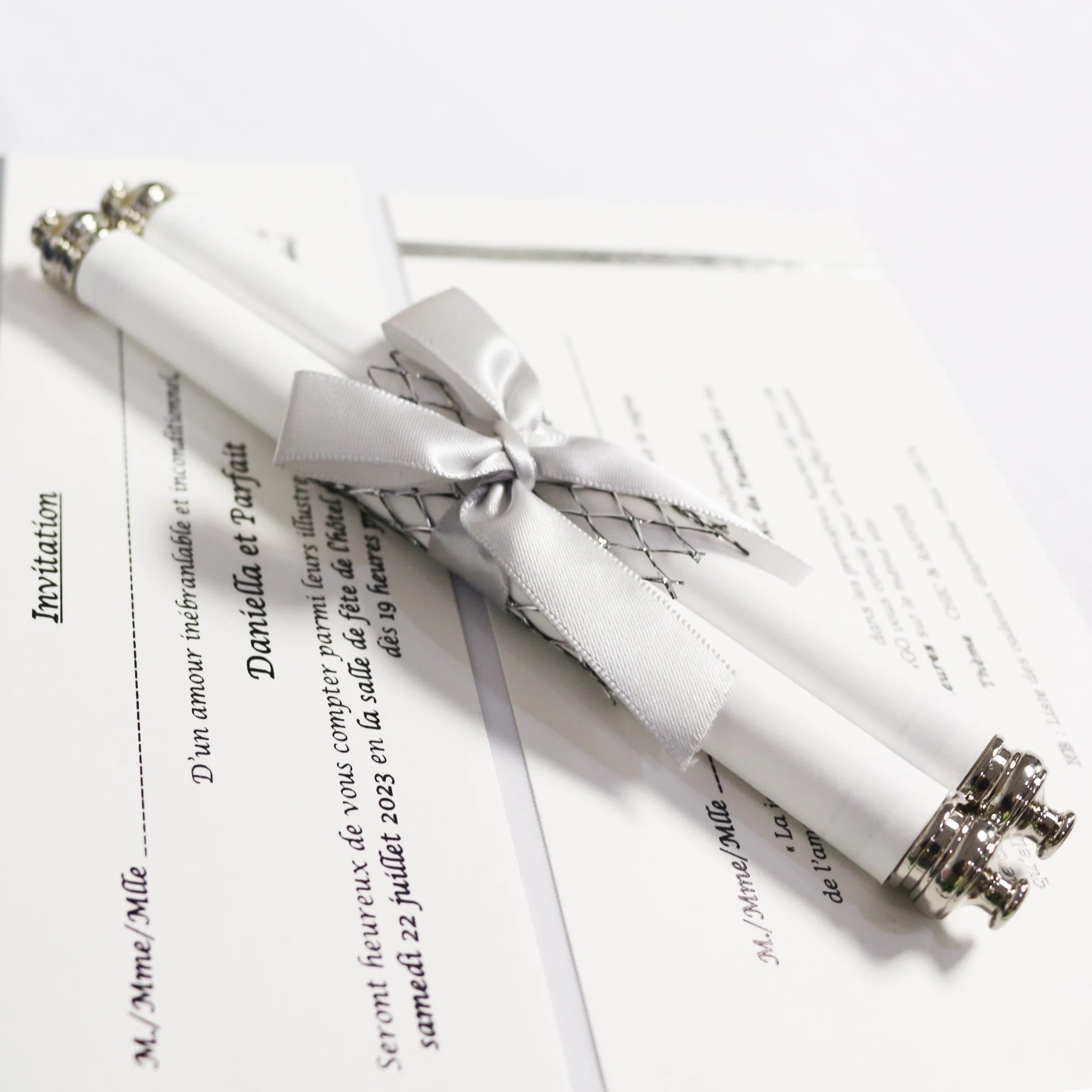 Navy Blue Scroll Wedding Invitation Card With Box and Ribbon and Ribbon Bow