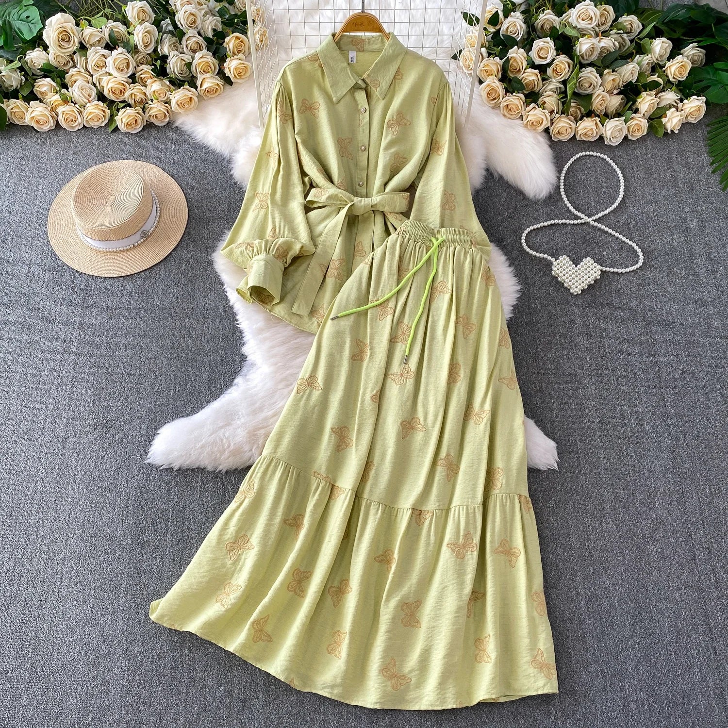 Vintage Elegant Embroidered Butterfly Long Sleeve Sunscreen Shirt High Waist Skirt Set