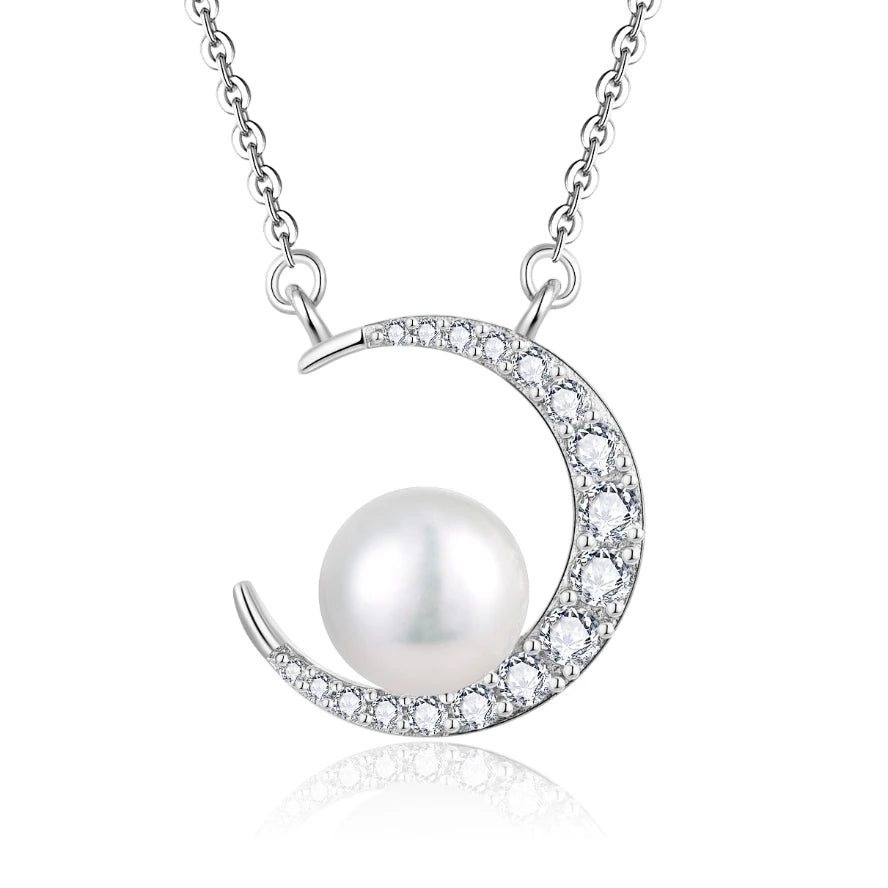 YILUN Women's 925 Sterling Silver Crescent Moon Pearl Pendant Necklace Rhodium Plated for Wedding Party Anniversary Jewelry