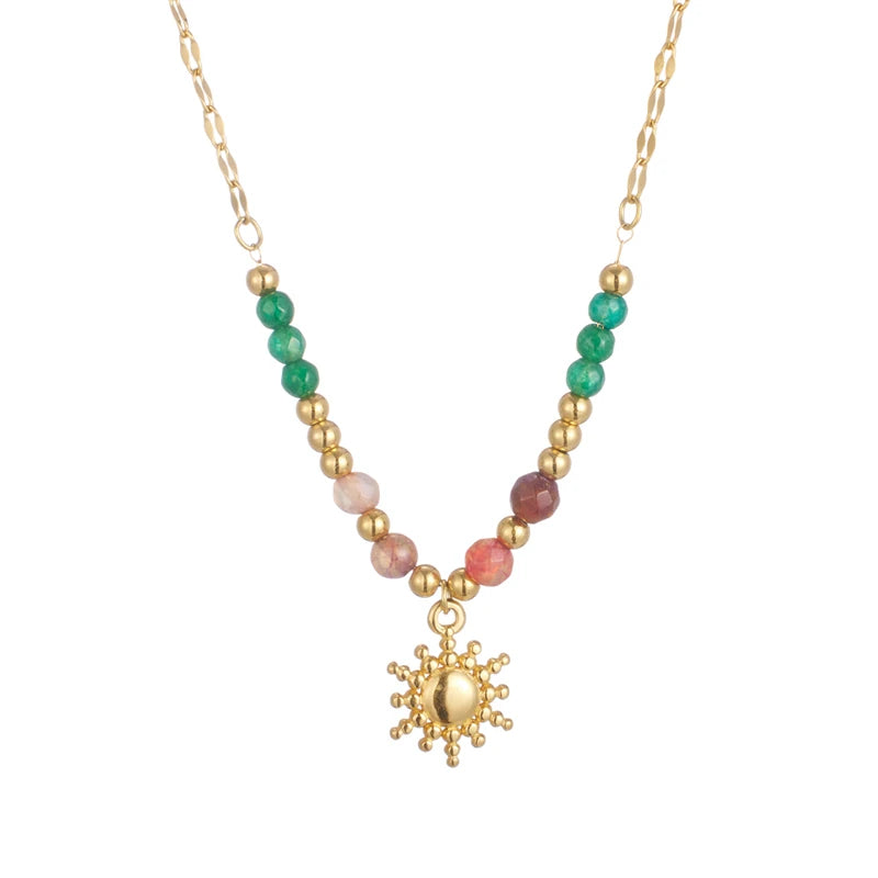 Custom 18K Gold Plated Stainless Steel Sun Shape Pendant Necklace Trendy Natural Stone Cross Pattern Number Necklace for Women
