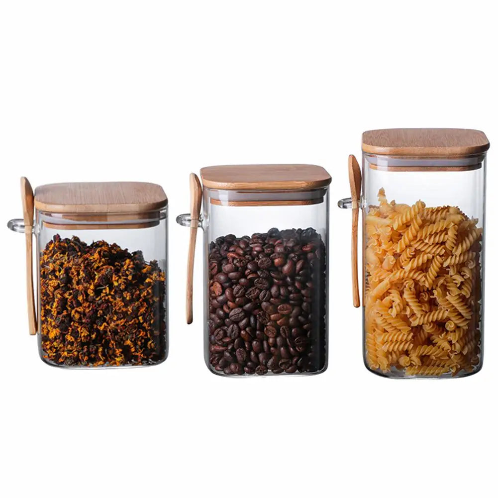 Square Straight Side Glass Jar Glass Storage Jar With Airtight Bamboo Lid and Spoon