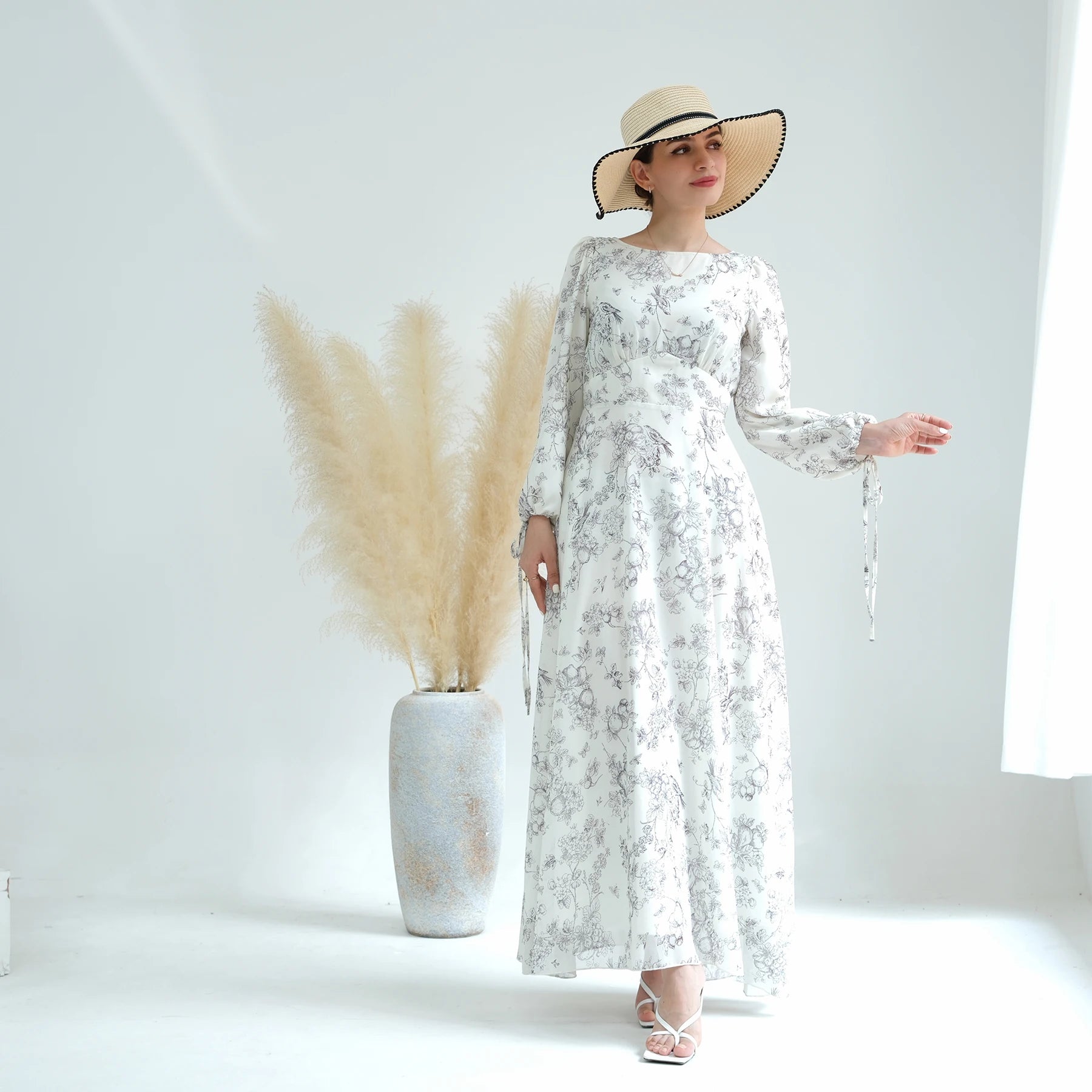 2023 Loriya Abaya Muslim Women Dress Chiffon Stylish Floral Long Dresses Women Summer Muslim Long Dress