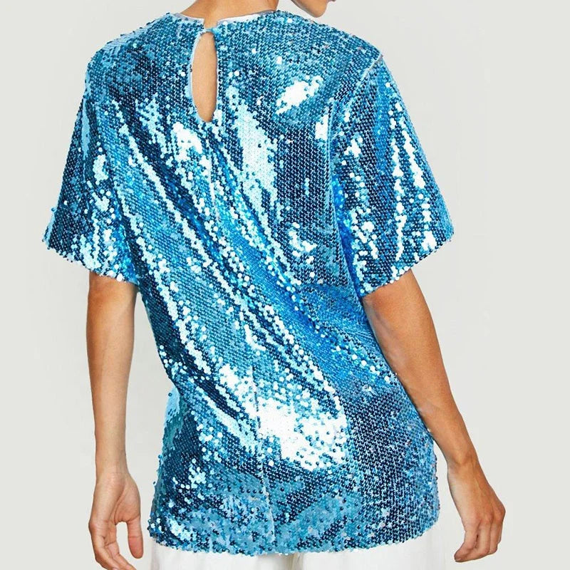 Fashion 94% Cotton 6% Spandex Soft Blue Sequined Women T Shirts Trendy Oversized Full Body Sequin Women T Shirts