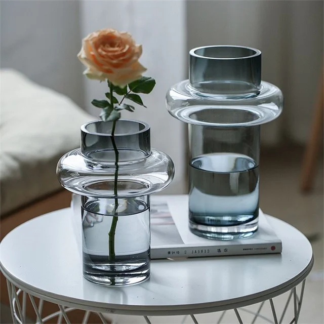 Nordic Modern Hydroponic Floral Arrangement Set Soft Outfit Living Room Table Decoration Gray Glass Vase for Wedding