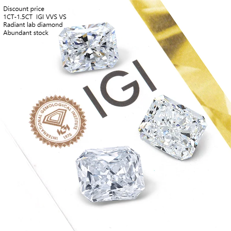 1CT 1.5CT  2CT Radiant Cut Lab Grown Diamond With IGI Certified Radiant VS VVS Synthetic Cvd Hpht DE Color Lab Diamond