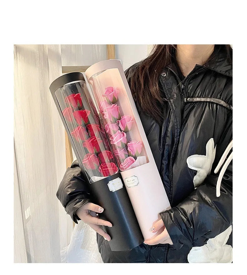 Artificial Soap Rose Flower Bouquet Tube PVC Box With White Led Light Gift for Mother's Day