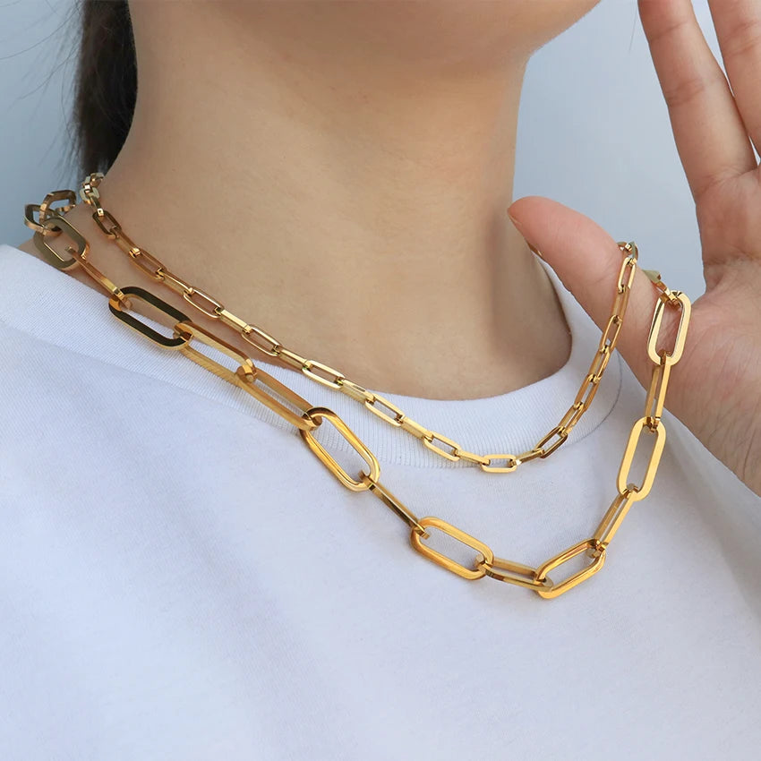 Minos Stainless Steel Paperclip Chain Necklaces Tarnish Free Jewelry 18K Gold Plated Paper Clip Chain Necklaces for Women