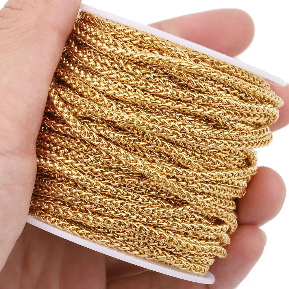 Competitive Price Fashion 18K Gold Plated Geometric Men Hip Hop 3mm Wheat Braided Bulk Chain Spool Necklace MegaBDM