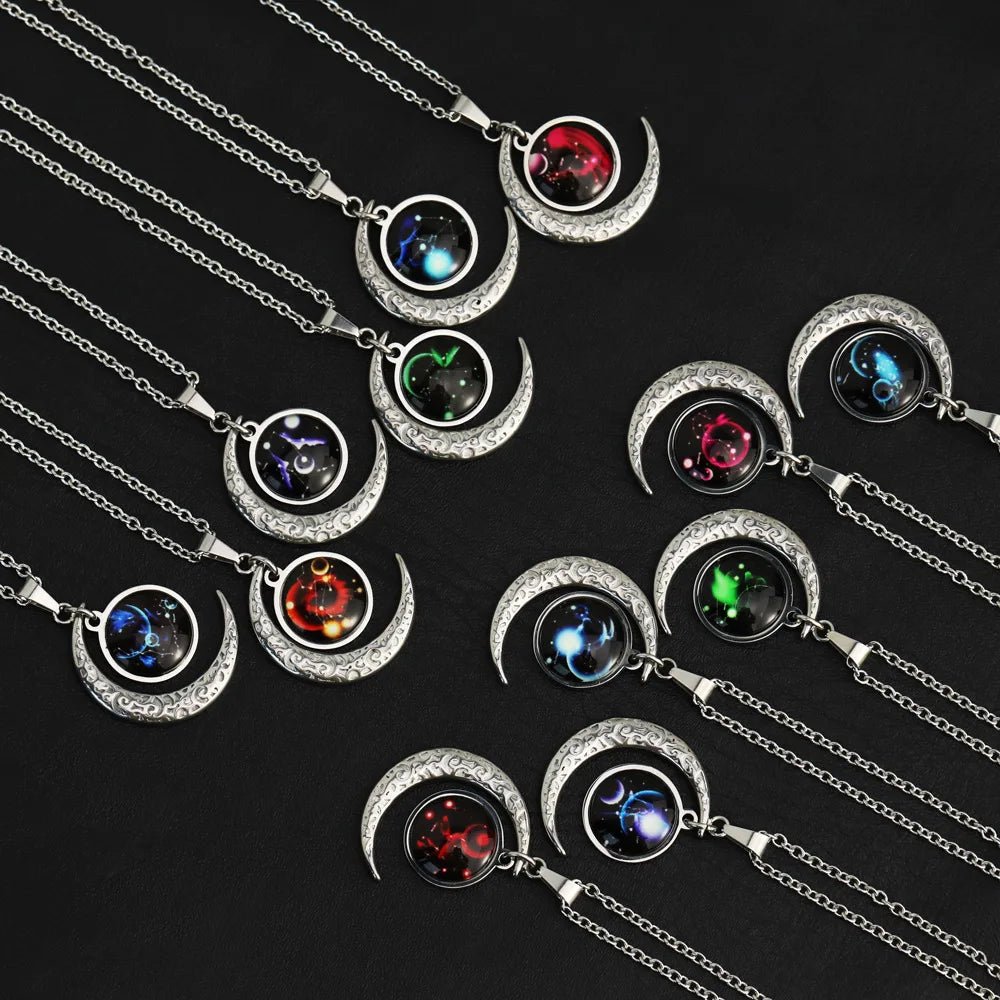 Stainless Steel Moon Pendant Necklace with Link Chain 12 Constellation Zodiac Glass Cabochon for Friendship or Birthday Gift