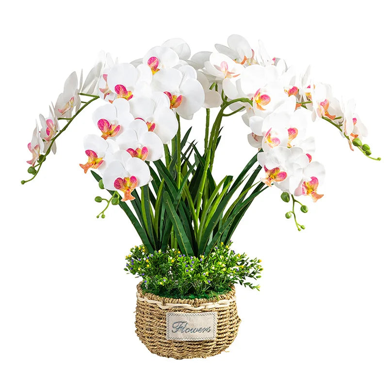 Rattan Flower Pot Faux Real Touch Silk Potted Phalaenopsis Orchid Plants Artificial Orchid Flower with Pot for Home Indoor Decor