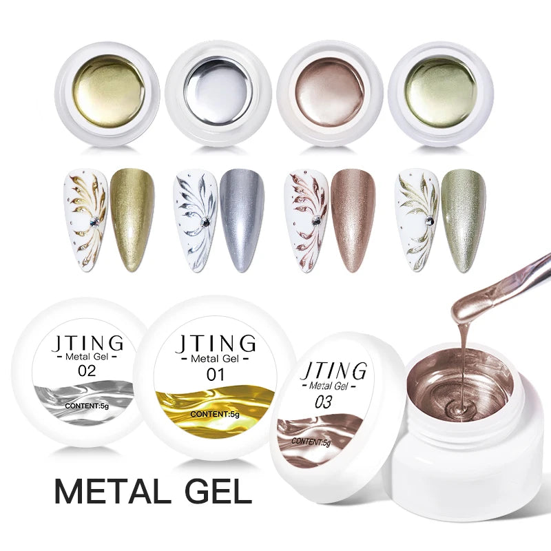 JTING 4 Colors High Pigment Quality Metal Painted Gel Polish Nail Art Private Label Metallic Painting Gel Paint OEM