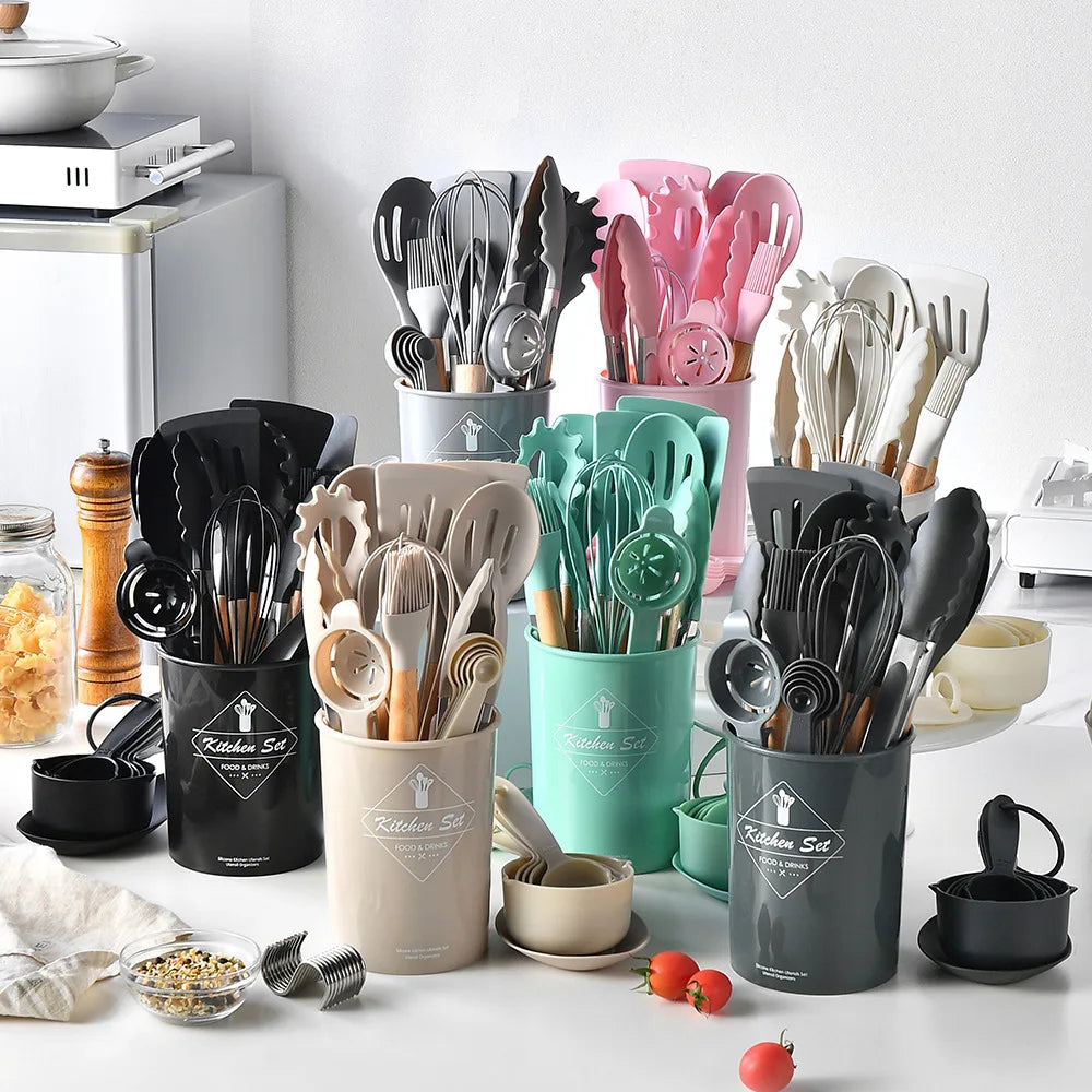 34pcs/Set Non-Stick Cooking Utensils Set With Storage Box Safety BPA-free Non-Stick With Wooden Handle Kitchen Gadgets
