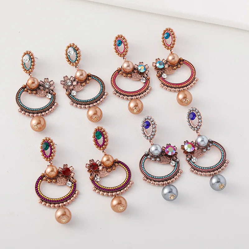 Statement Flower Rhinestone Earrings for Women Gold Pearl Geometric Earrings Drop
