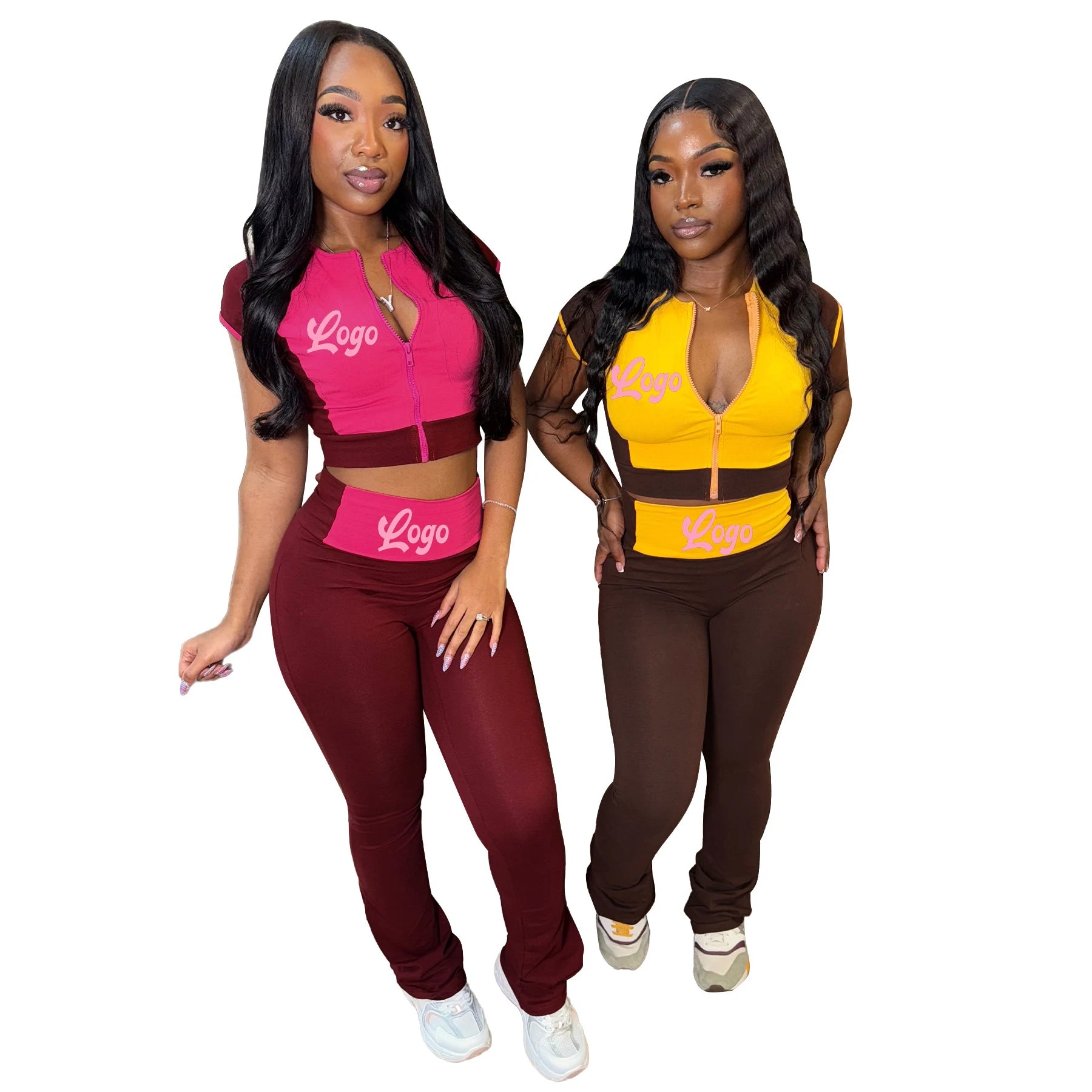 2026 Custom Logo Women Summer Sports Outfits 2 Piece Set Casual Zip Patchwork Short Jacket and Flare Pants Suits