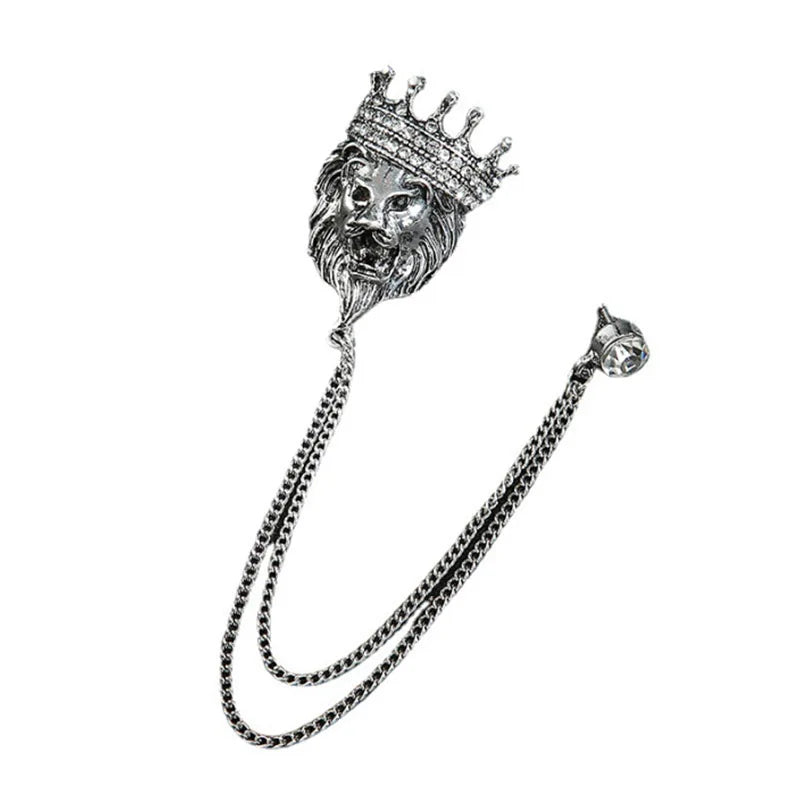 Retro Vintage Lapel Pin Chain Brooches lion Head Encrusted Drill Pin Male Lady Suit Decorative Medal Crystal Mens Brooch Pins
