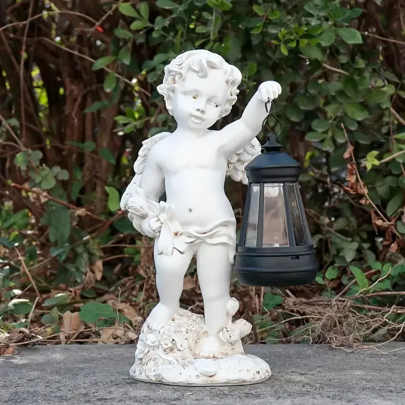 Resin Cherub Statue with Lantern & Floral Bouquet Hand-painted Classic Artistic Design Garden Decorative Outdoor Figurines