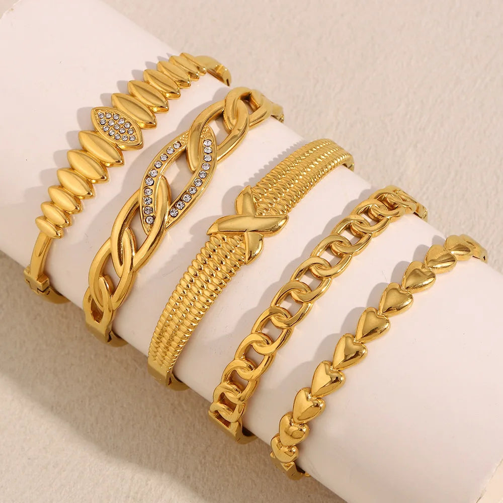 18K Gold Plated Two-Tone Stainless Steel Love Chain Bracelet Fashionable Women's Water Drop Arrangement Buckle Bangles