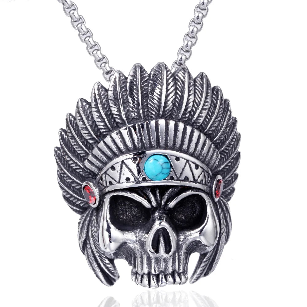 Turquoise Stainless Steel Hip Hop Accessories Skull Feather Indian Chief Pendant for Men's Necklace Accessories