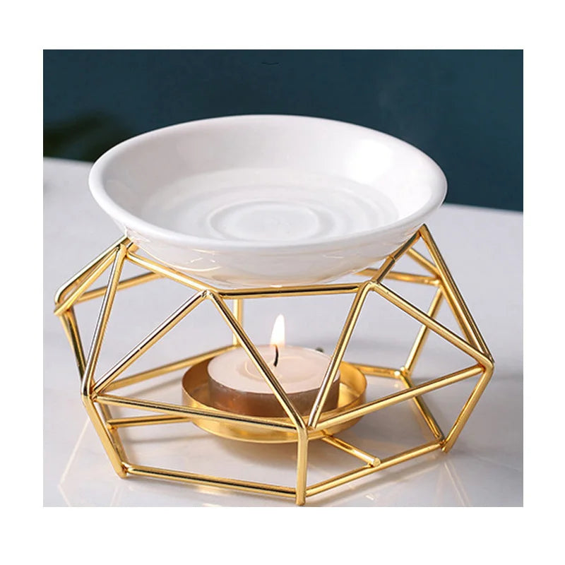 Wholesale Gold Color Delicate Romantic Iron Ceramic Aroma Essential Oil Wax Melt Candle Holder Burners