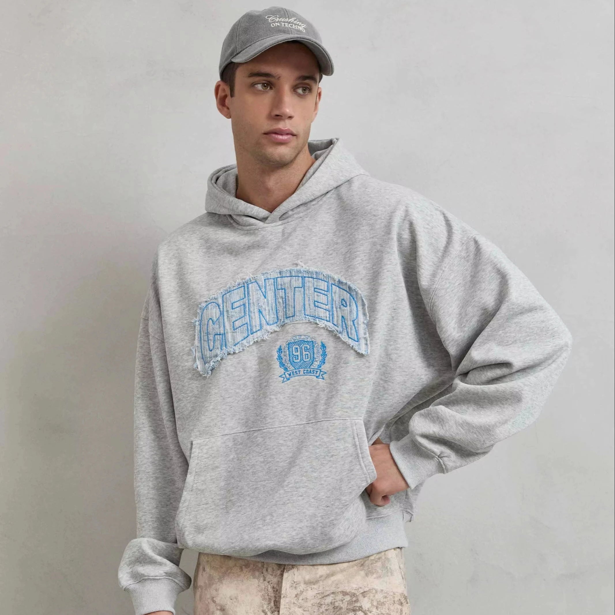Heather Gray Hoodie Embroidered 'CENTER' Patch Chenille Custom Label Oversize Boxy Fit Anti-Wrinkle Unisex Cotton Blend 450g