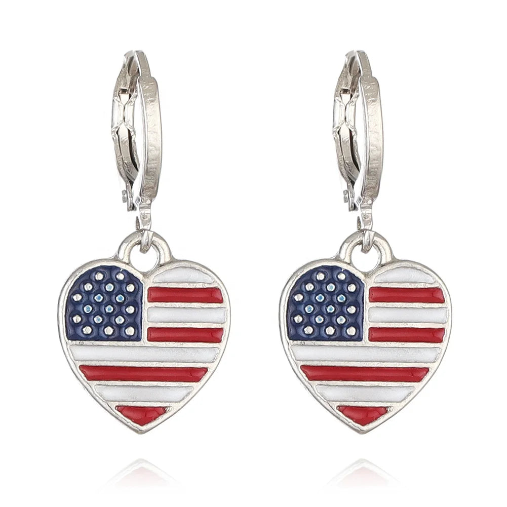 American England France Italy National Day Flag Heart Pentagram Drop Earrings Children's Rhodium Plated Classic Fashion MegaBDM