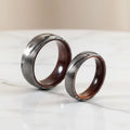 Latest 6mm & 8mm Damascus Steel Wedding Rings Etched Design with Rose Wood Sleeve Inlay for Engagement & Christmas Gift