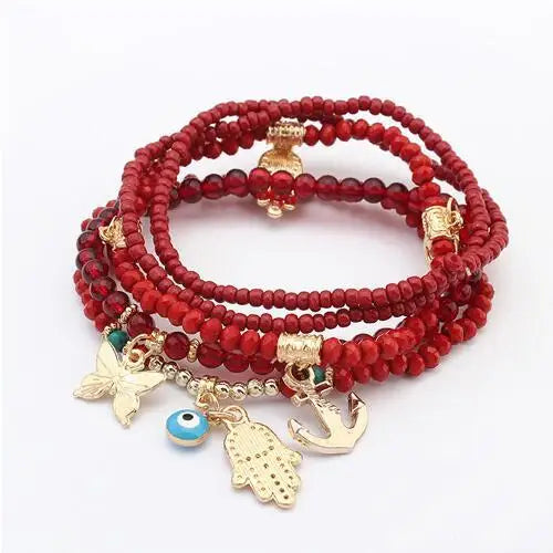 Hot Selling Handmade Gold Plated Crystal Beads Stack Bracelets with Hand Butterfly Charms Chain & Link Elastic for Women