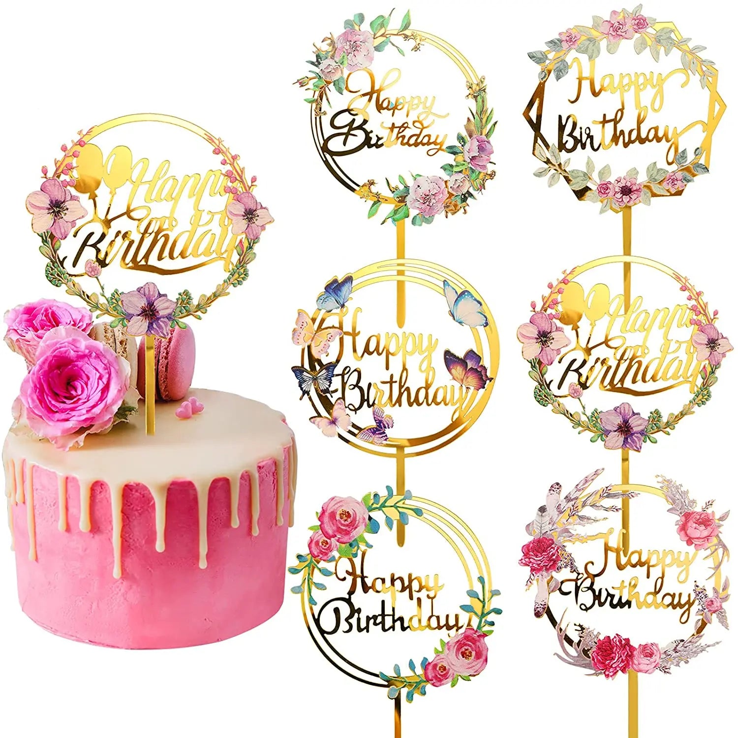 Acrylic Glitter Gold Cake Topper Flower Acrylic Happy Birthday Cake Topper for Cake Accessories