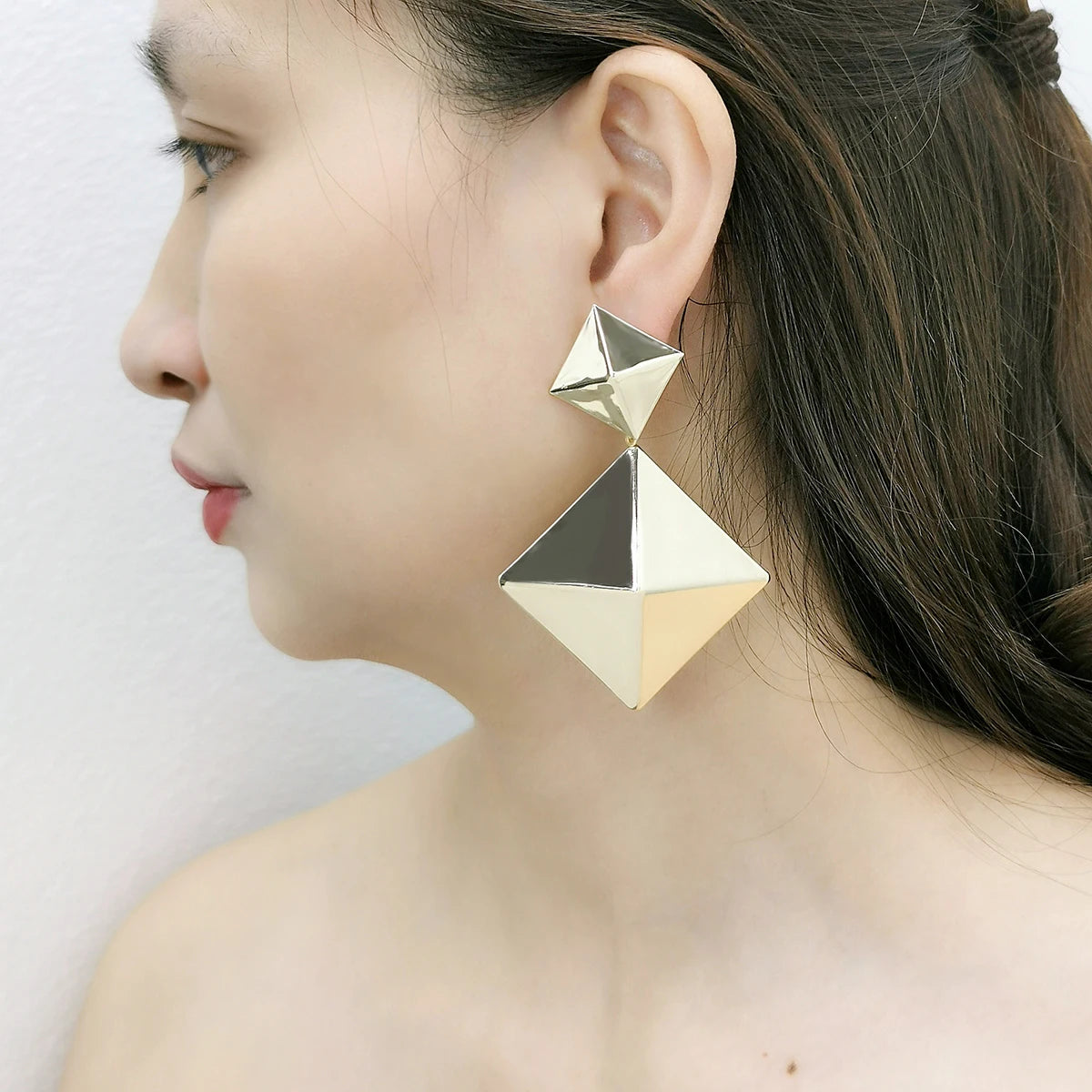 Hansidon Unique Irregular Double Pyramid Drop Dangle Earrings Alloy Exaggerated Earrings Metal Statement Accessories