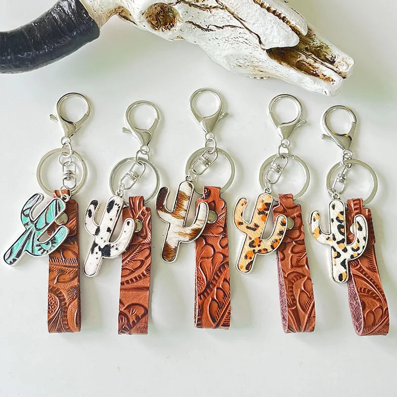 Vintage Brown Leather Embossed Keychain Western Cowboy Leopard Cactus Pendant Keychain