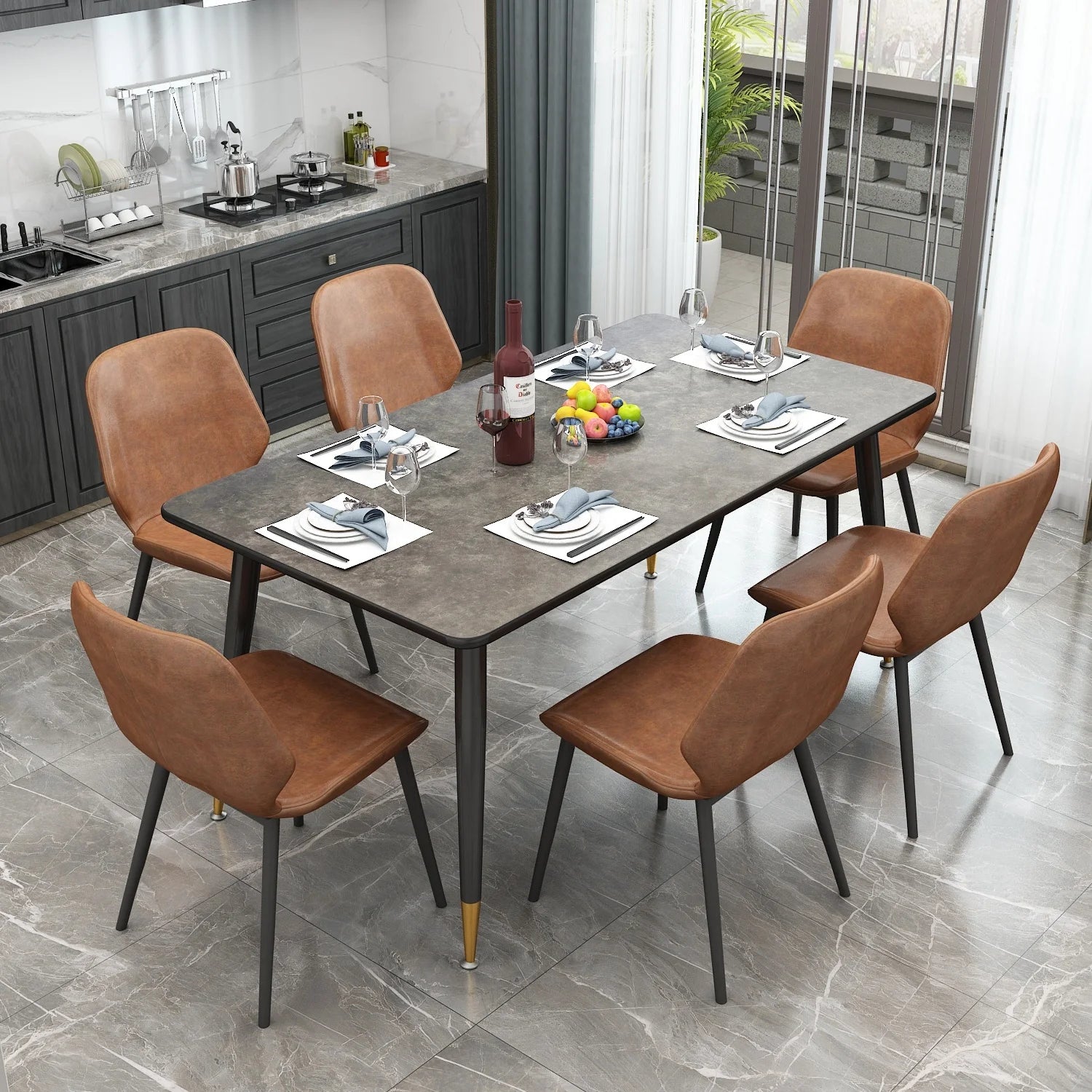 Modern Dining Table with 6 Dining Chairs and Steel Legs for Living Room