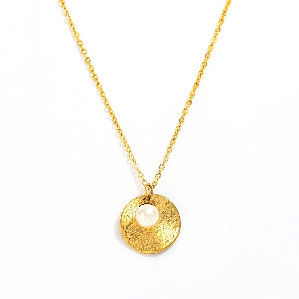 Joolim Jewelry 18K Gold Plated Imitation Pearl Hammered Pendant Necklace Stainless Steel Jewelry Wholesale
