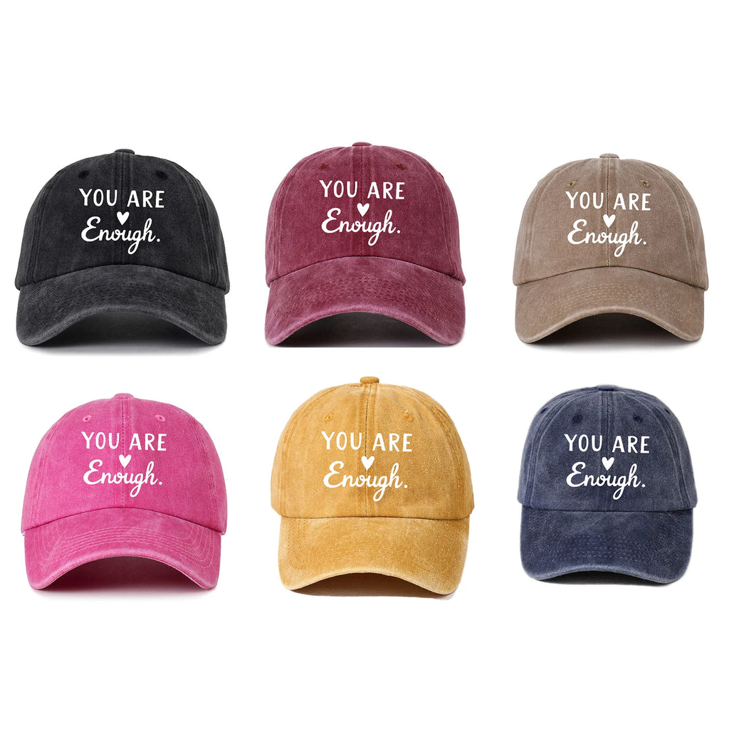 Unisex Vintage Distressed Denim 6 Panel Dad Hat Unstructured Plain Baseball Cap 'You Are Enough' Logo Print Sporty Dot Pattern