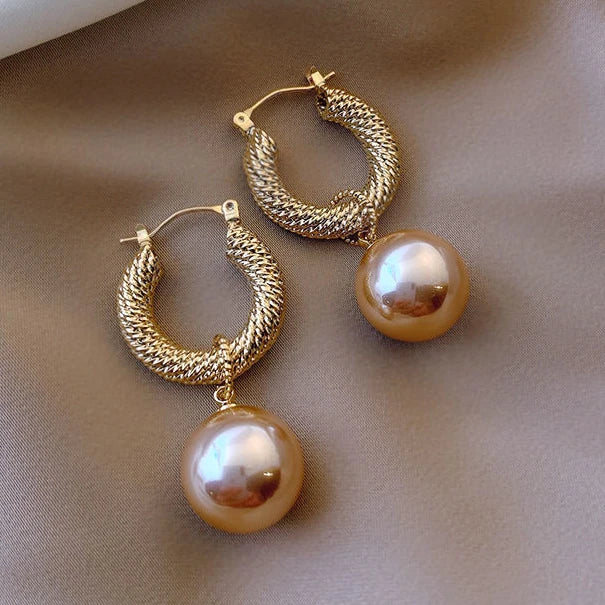 CAOSHI New Arrival Contracted Small Hoop Daily Wear Office Lady Gold Plated Big Champagne Imitation Pearl Women Earrings