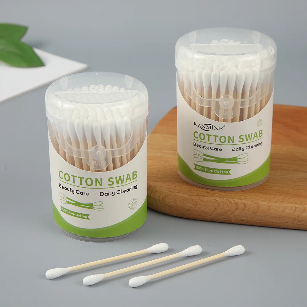 100pcs Pack Makeup Maven: Dual-Tipped Bamboo Stick Cotton Swabs for Beauty Application