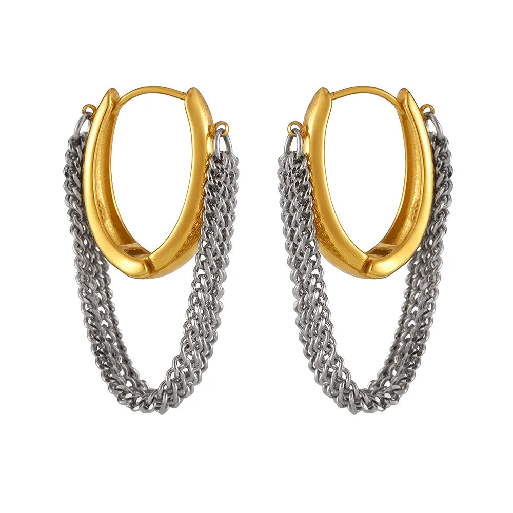 Stainless Steel Waterproof Jewelry 18k Gold Plated Two Tone Buckle Multi Layer Chain Tassel Earrings Hypoallergenic YF6202