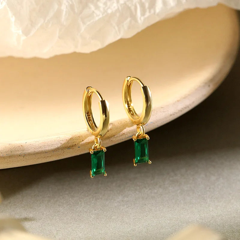 VIANRLA 925 Sterling Silver 18k Gold Plated Dangle Green Cubic Zircon Huggie baguette Hoop Earrings