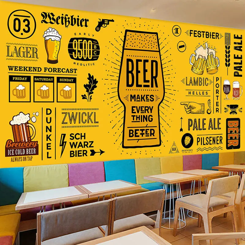 Creative Craft Beer House Wallpaper Hand-Painted Bar Barbecue Skewer Bar Cashier Front Desk Background Wall Decoration Wallpaper