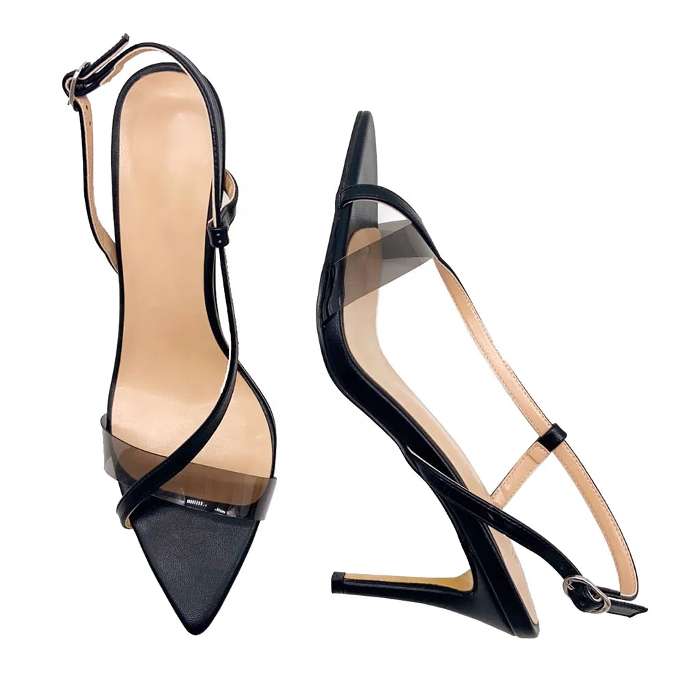 in Stock Black Open Toe High Heeled Sandals for Women Transparent Clear Ankle Strap with Evergreen Feature Summer Season