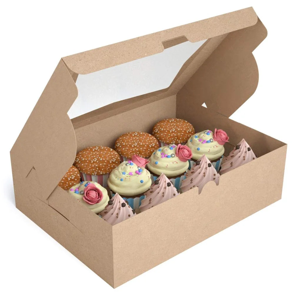 2025 Recycled Custom logo Brown Kraft Paper Gift Cupcake Box With clear PET Window