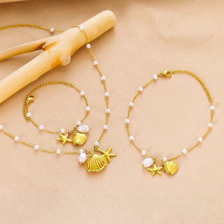 18k Gold Plated Pearl Chain Necklace Bracelet Anklet Set Stainless Steel Shell Starfish Pendant Necklace