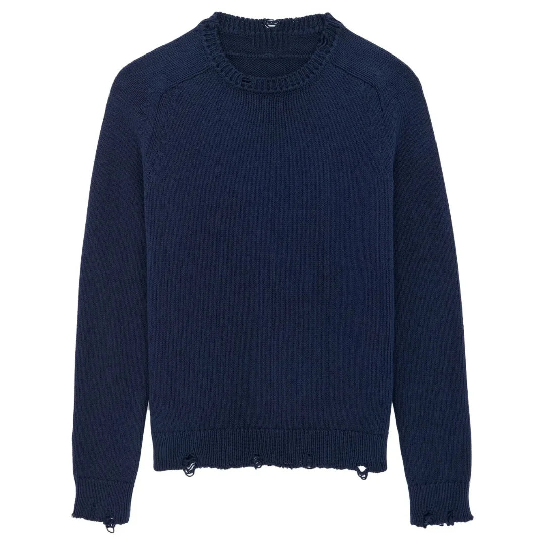 Custom Men's Long Sleeve Crew Neck Winter Jumper Distressed Cotton Knitwear Pullover with Front Logo Breathable Design
