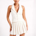 Custom Women's Knee-Length A-Line Elegant Satin Linen Backless Halter Pleated Skirt Suit Anti-Wrinkle Boned Bodiced Casual Dress